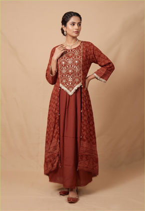 Elegant Rust Crepe Embroidered Anarkali Kurta Set for Festive Ethnic Glamour