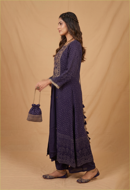 Royal Purple Crepe Embroidered Anarkali Kurta Set for Festive Wedding Elegance