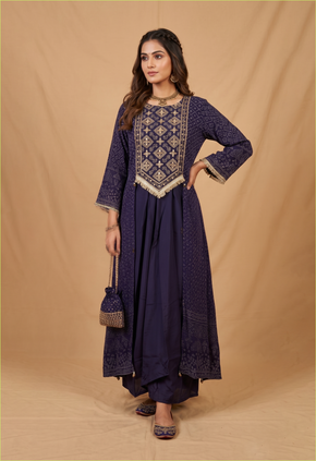 Royal Purple Crepe Embroidered Anarkali Kurta Set for Festive Wedding Elegance