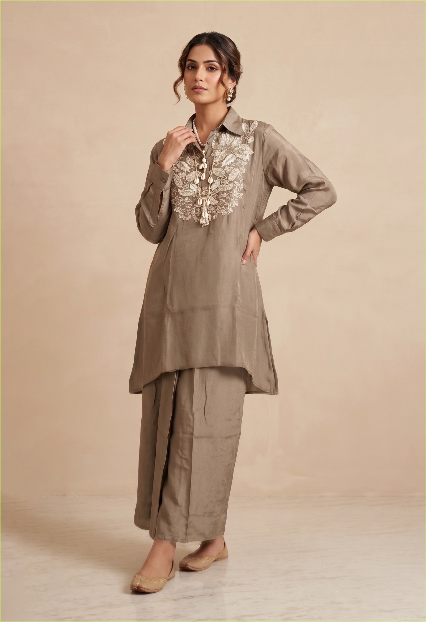 Taupe Crepe Embroidered Shirt Style Kurta Palazzo Set for Modern Ethnic Elegance