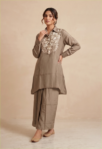 Taupe Crepe Embroidered Shirt Style Kurta Palazzo Set for Modern Ethnic Elegance