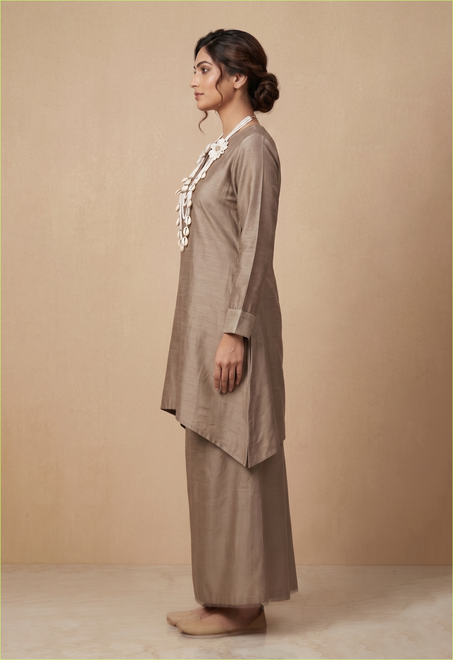 Taupe Crepe Embroidered Shirt Style Kurta Palazzo Set for Modern Ethnic Elegance