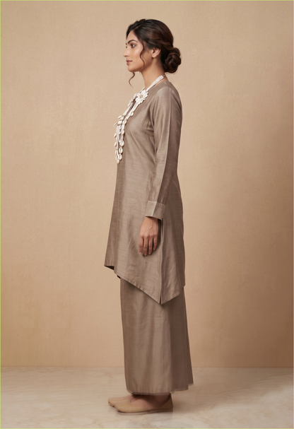 Taupe Crepe Embroidered Shirt Style Kurta Palazzo Set for Modern Ethnic Elegance