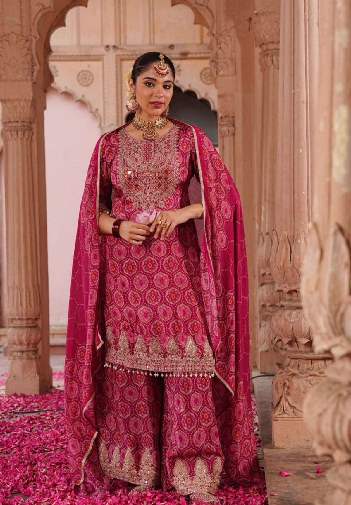 Pink Printed Pure Chinon Festive Ethnic Suit Set with Dupatta
