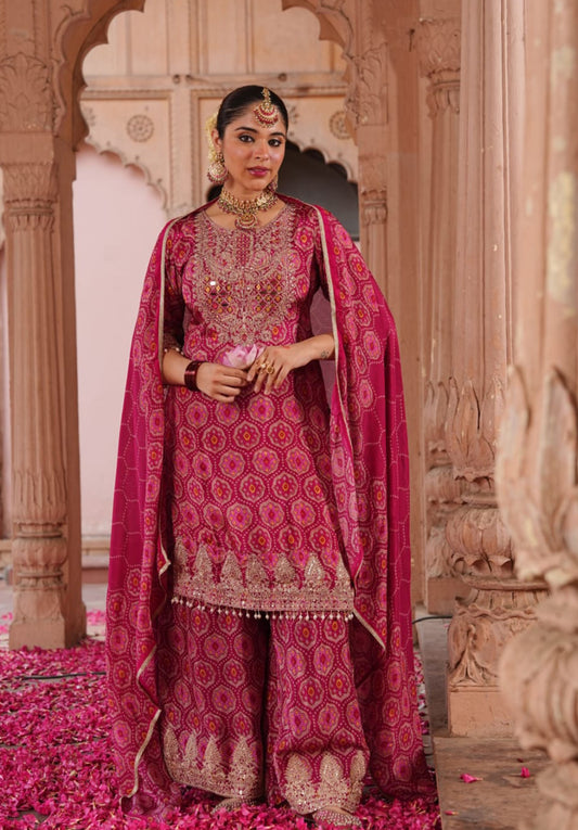 Pink Printed Pure Chinon Festive Ethnic Suit Set with Dupatta