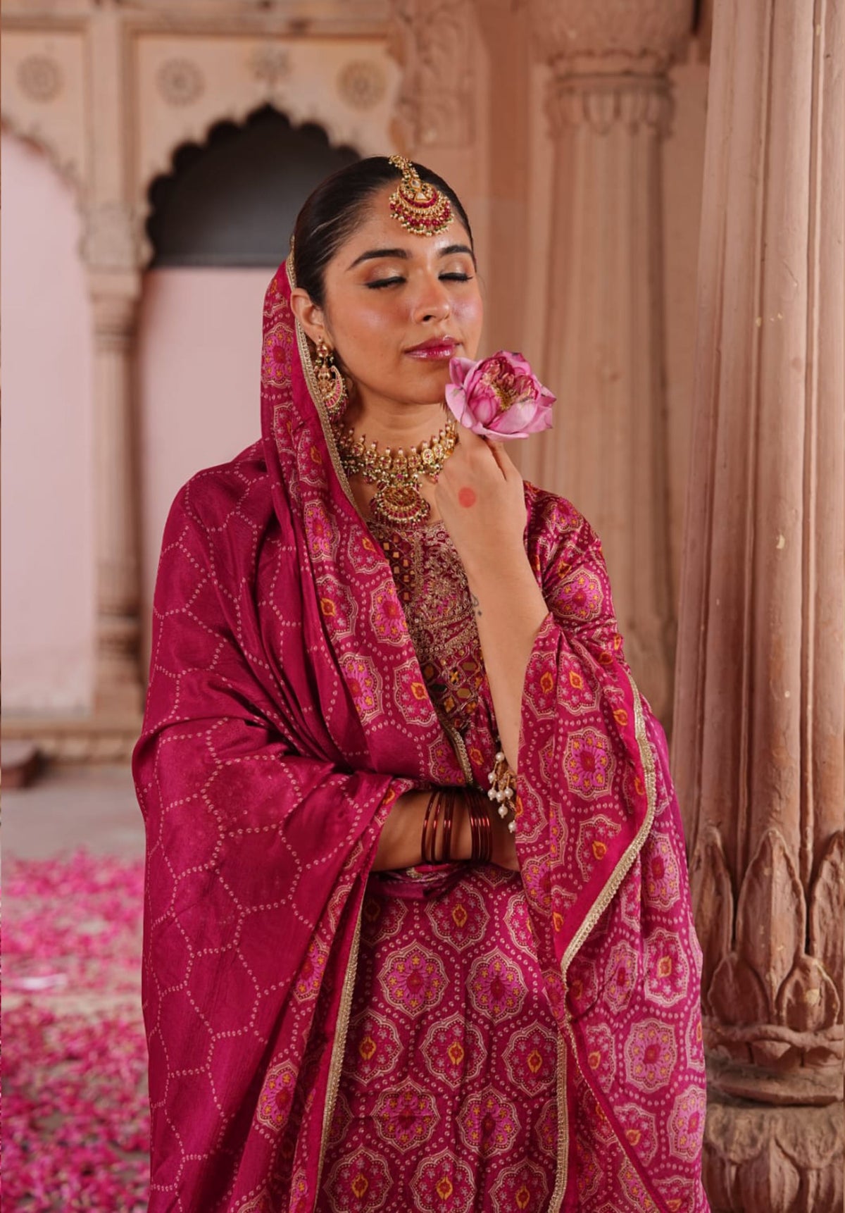 Pink Printed Pure Chinon Festive Ethnic Suit Set with Dupatta