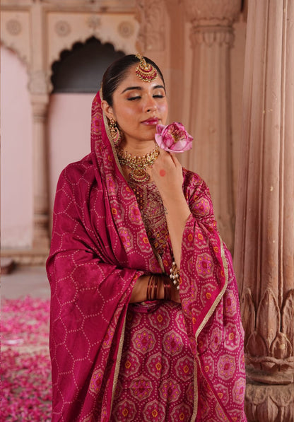 Pink Printed Pure Chinon Festive Ethnic Suit Set with Dupatta