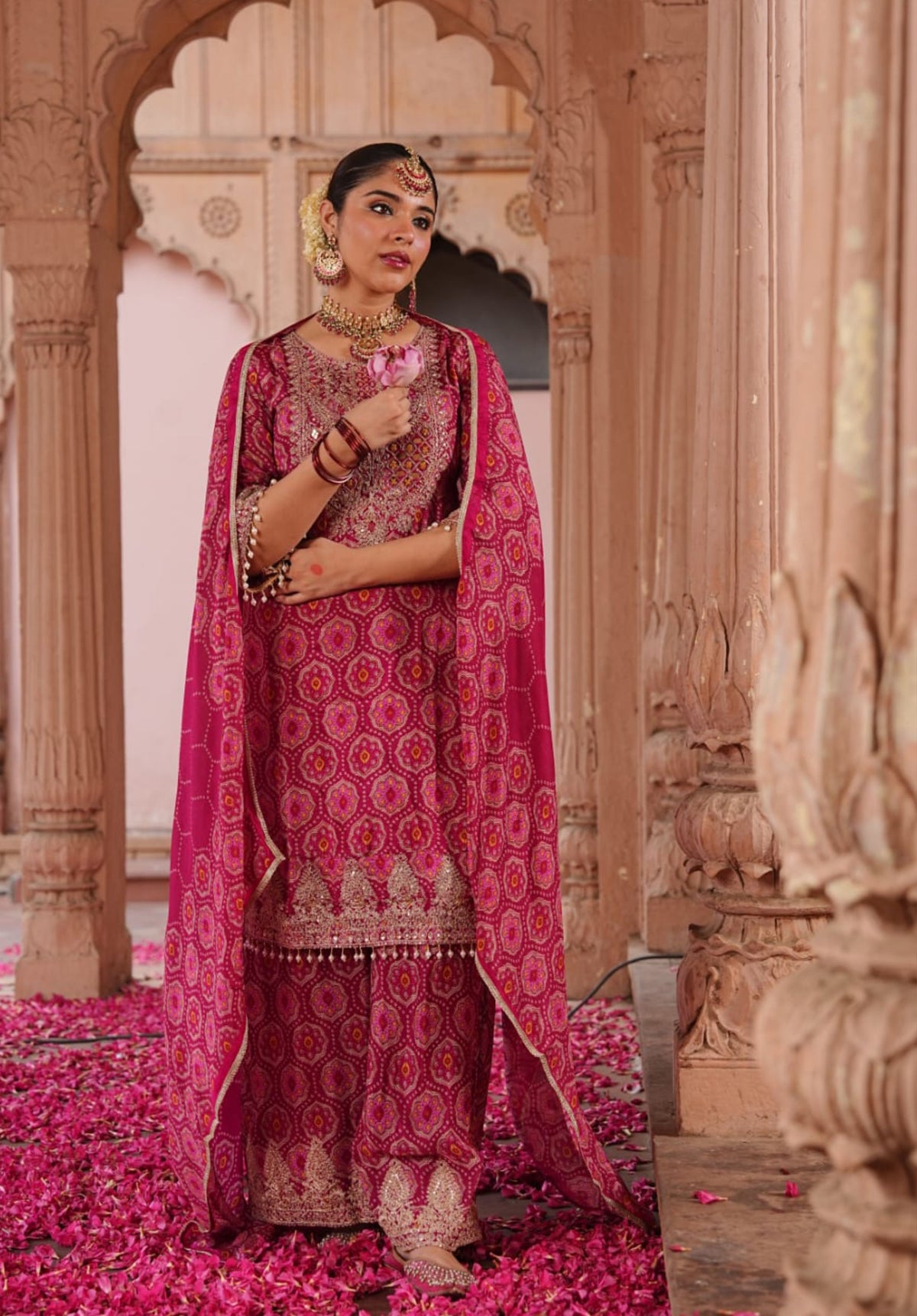 Pink Printed Pure Chinon Festive Ethnic Suit Set with Dupatta