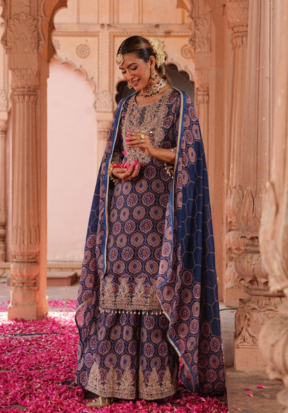 Navy Blue Printed Pure Chinon Festive Ethnic Suit Set