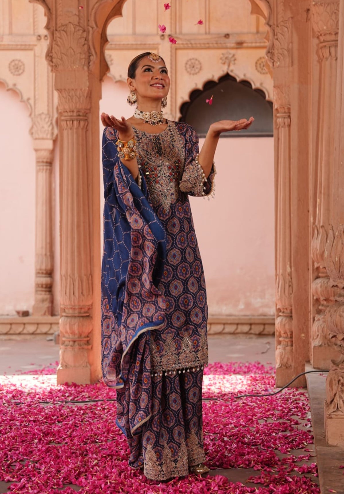 Navy Blue Printed Pure Chinon Festive Ethnic Suit Set