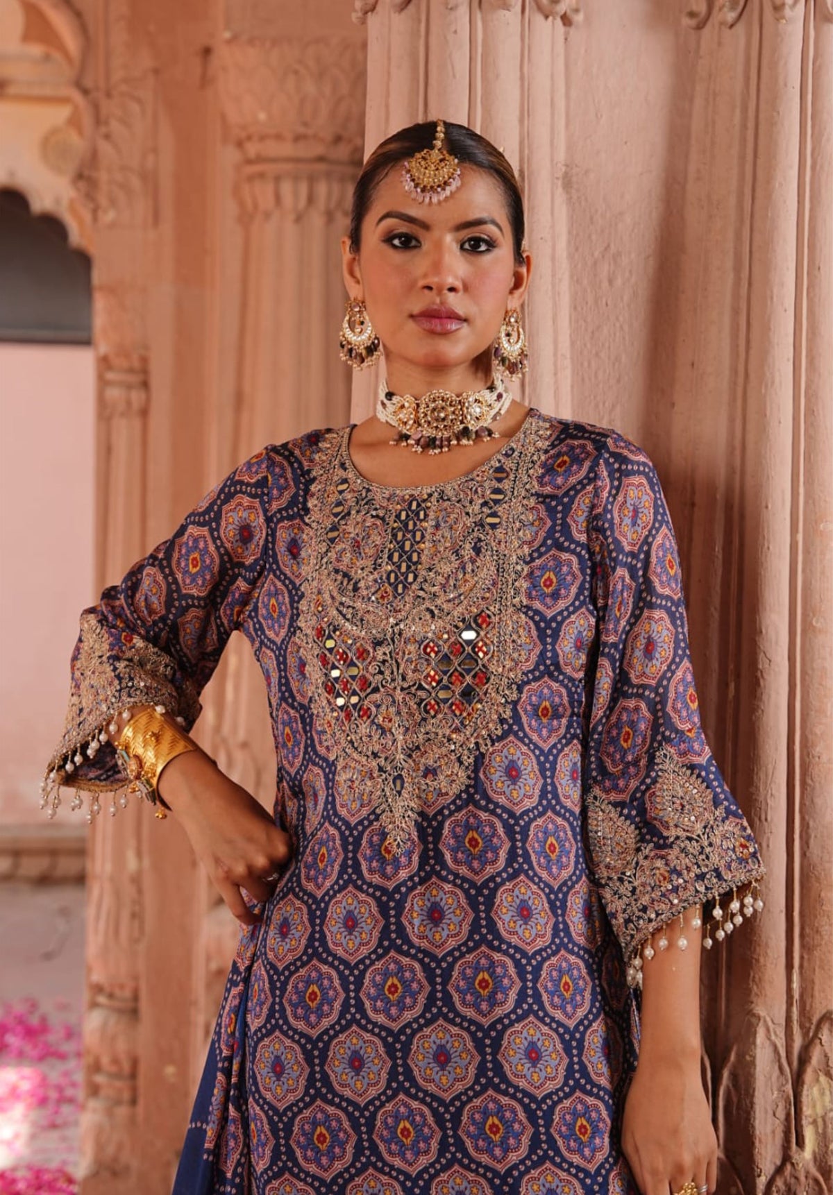 Navy Blue Printed Pure Chinon Festive Ethnic Suit Set