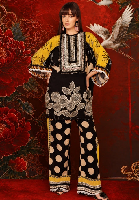 Black Yellow Printed crepe Kurta Palazzo Statement Festive Co-Ord