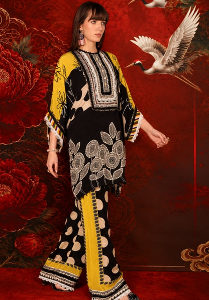 Black Yellow Printed crepe Kurta Palazzo Statement Festive Co-Ord