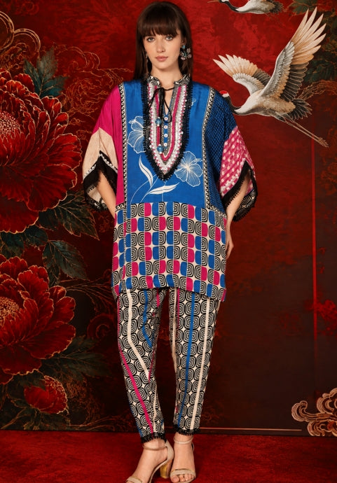 Vibrant Multicolor Printed crepe Kaftan Kurta Festive Co-Ord set