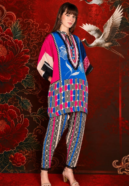Vibrant Multicolor Printed crepe Kaftan Kurta Festive Co-Ord set