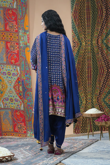 Peacock Blue Embroidered Muslin Short Anarkali Suit Set | Noor-E-Rang