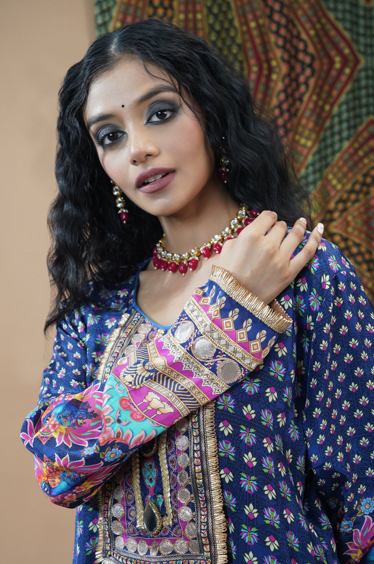 Peacock Blue Embroidered Muslin Short Anarkali Suit Set | Noor-E-Rang