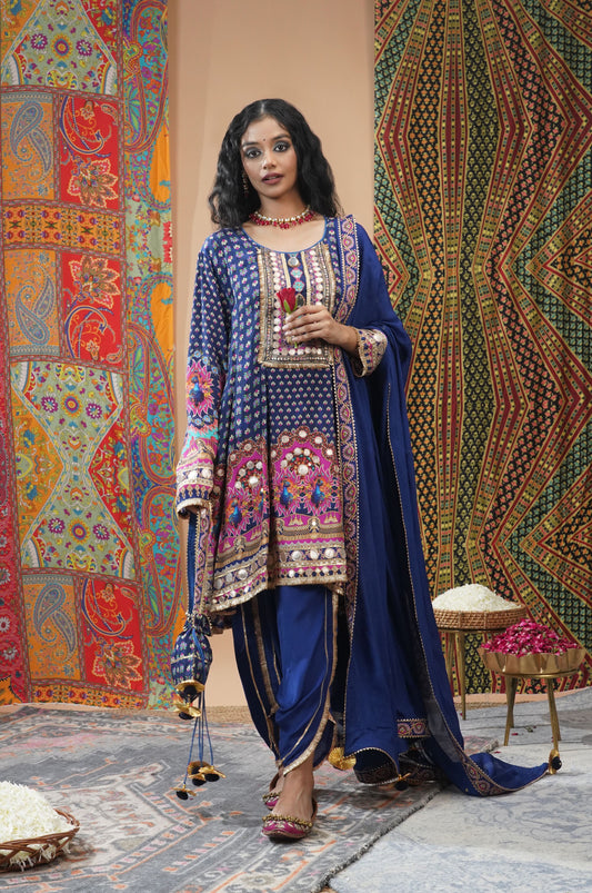 Peacock Blue Embroidered Muslin Short Anarkali Suit Set | Noor-E-Rang
