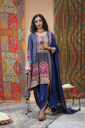 Peacock Blue Embroidered Muslin Short Anarkali Suit Set | Noor-E-Rang