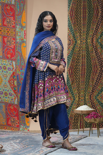 Peacock Blue Embroidered Muslin Short Anarkali Suit Set | Noor-E-Rang