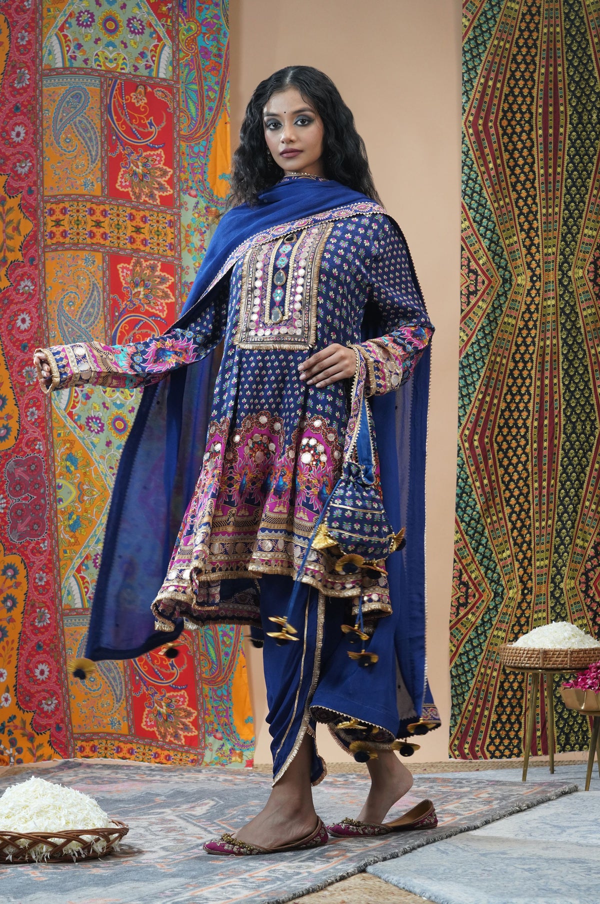 Peacock Blue Embroidered Muslin Short Anarkali Suit Set | Noor-E-Rang