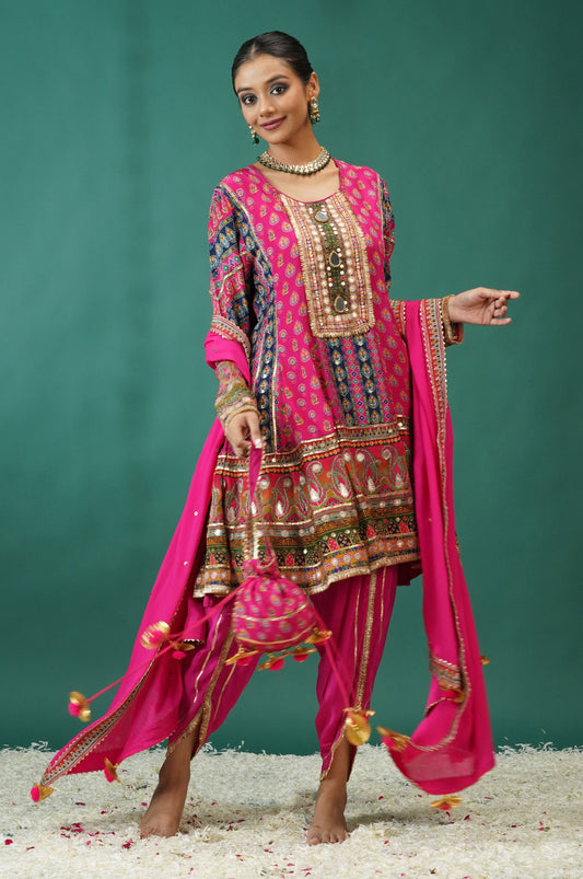 Baby Pink Embroidered Muslin Short Anarkali Suit Set | Noor-E-Rang