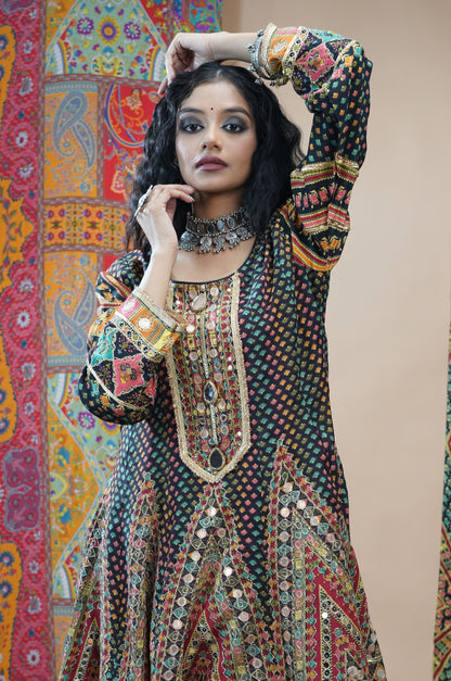 Coffee Brown Embroidered Muslin Short Anarkali Suit Set | Noor-E-Rang