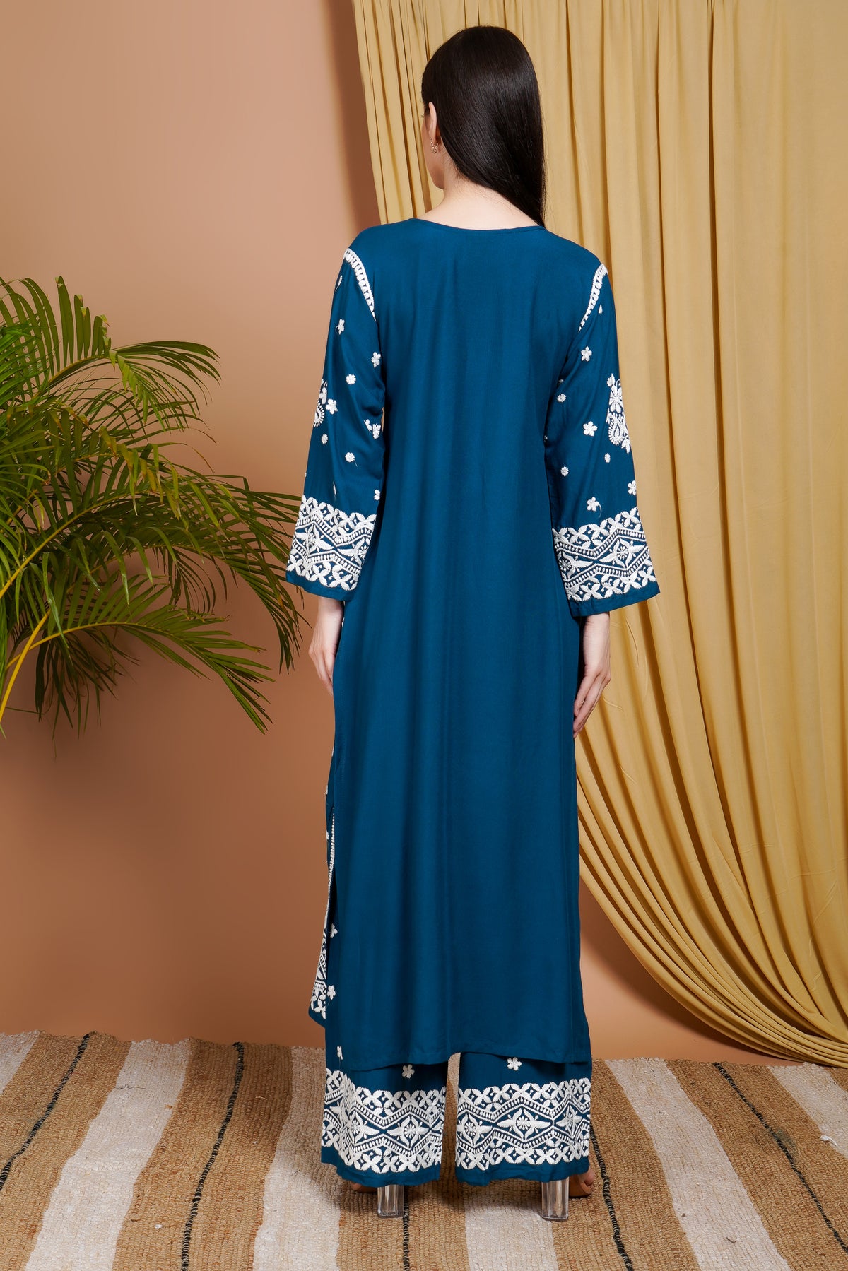 Navy Blue Embroidered Rayon Kurta Set for Women