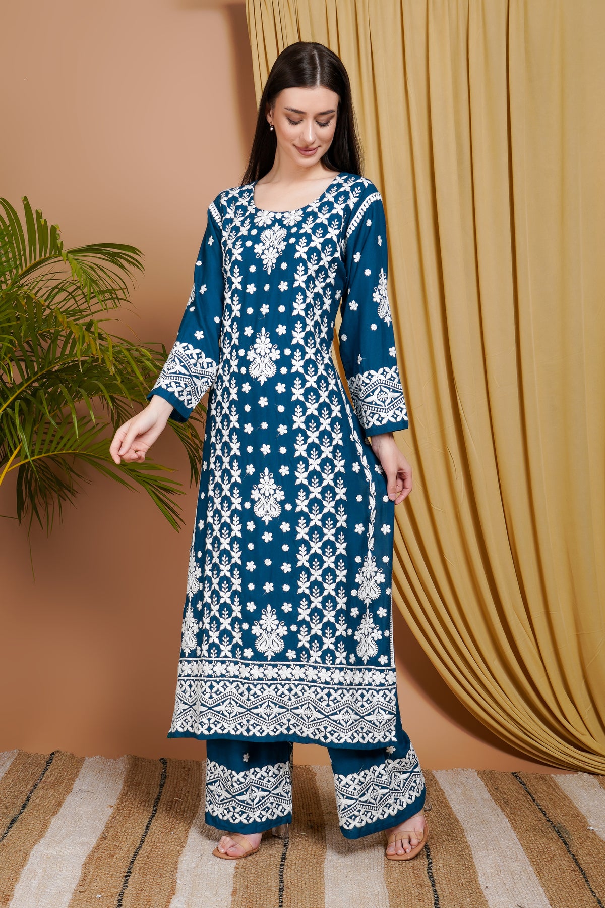 Navy Blue Embroidered Rayon Kurta Set for Women
