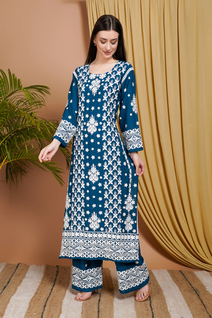 Navy Blue Embroidered Rayon Kurta Set for Women