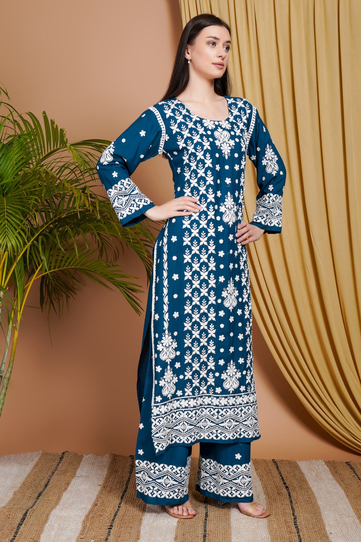 Navy Blue Embroidered Rayon Kurta Set for Women