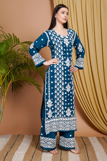 Navy Blue Embroidered Rayon Kurta Set for Women