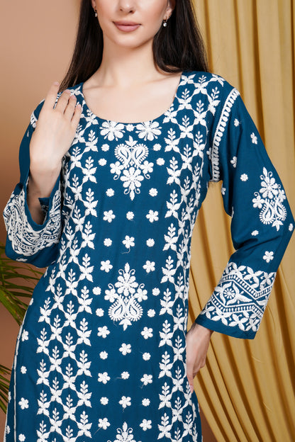 Navy Blue Embroidered Rayon Kurta Set for Women