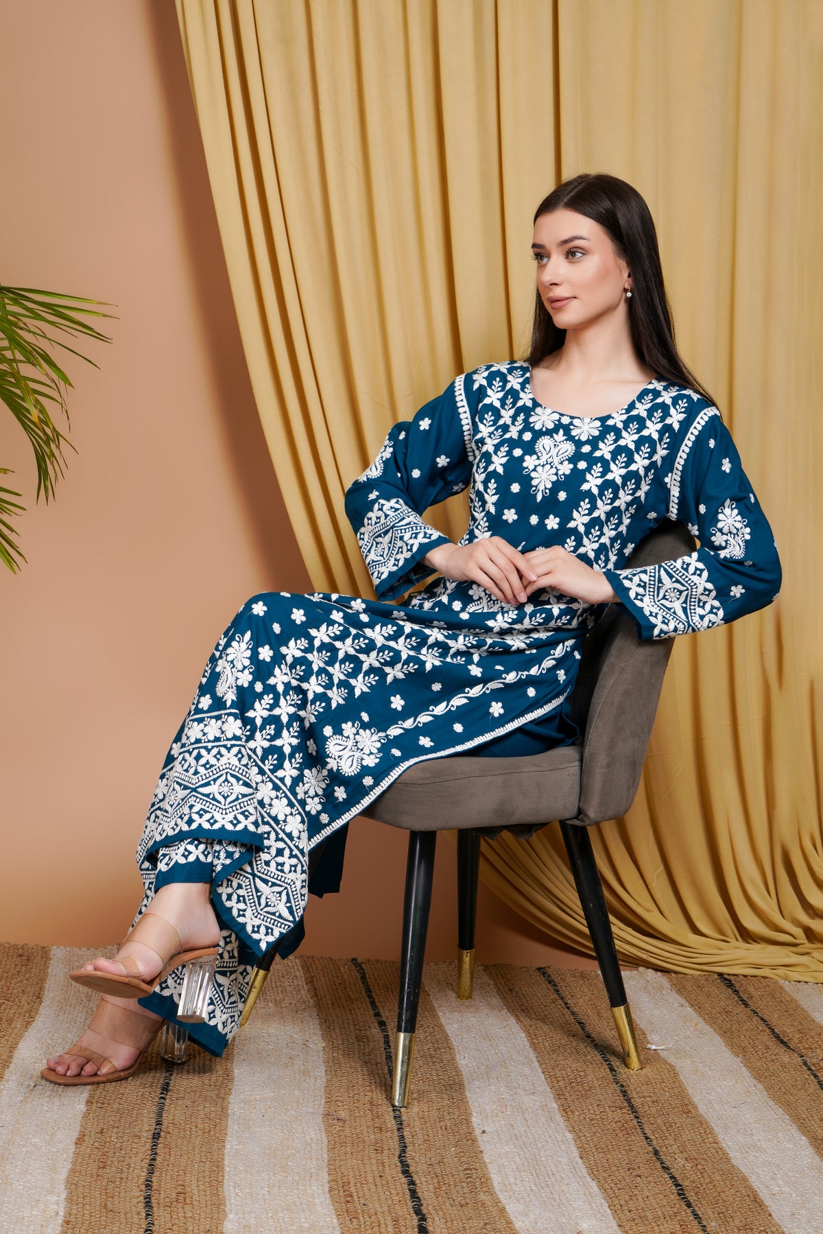 Navy Blue Embroidered Rayon Kurta Set for Women