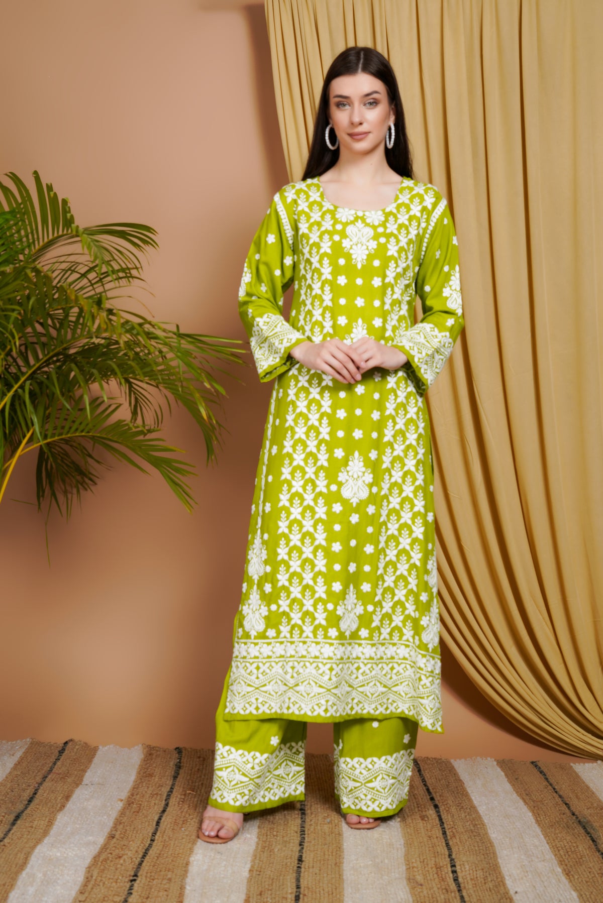 Lime Green Embroidered Rayon Kurta Set for Women