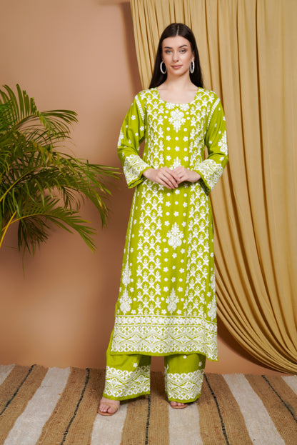 Lime Green Embroidered Rayon Kurta Set for Women