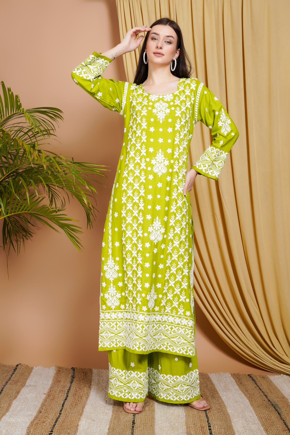Lime Green Embroidered Rayon Kurta Set for Women