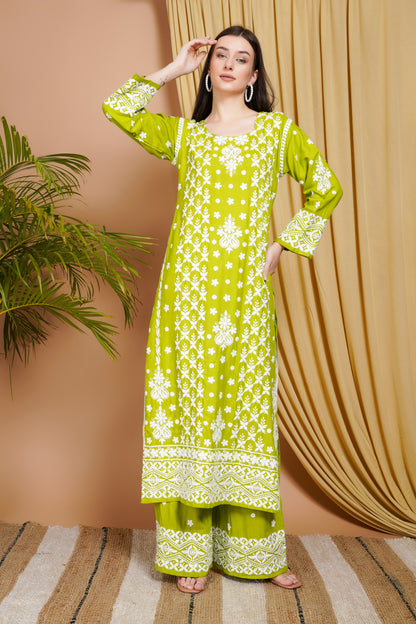 Lime Green Embroidered Rayon Kurta Set for Women