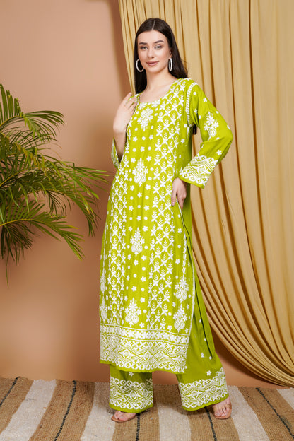 Lime Green Embroidered Rayon Kurta Set for Women