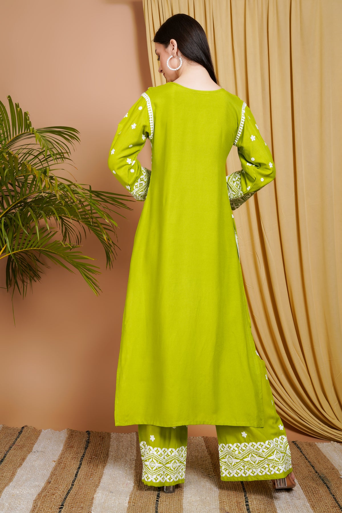 Lime Green Embroidered Rayon Kurta Set for Women