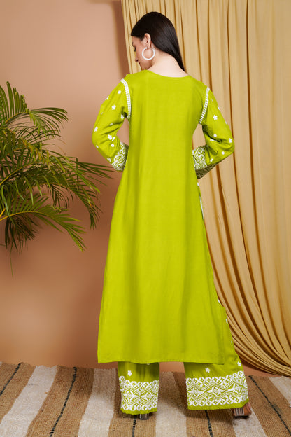 Lime Green Embroidered Rayon Kurta Set for Women