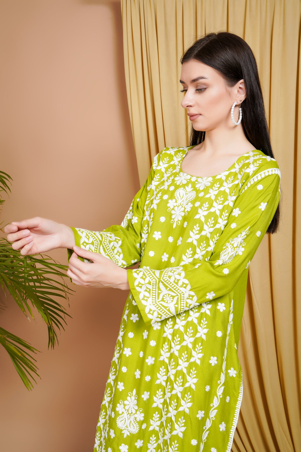 Lime Green Embroidered Rayon Kurta Set for Women