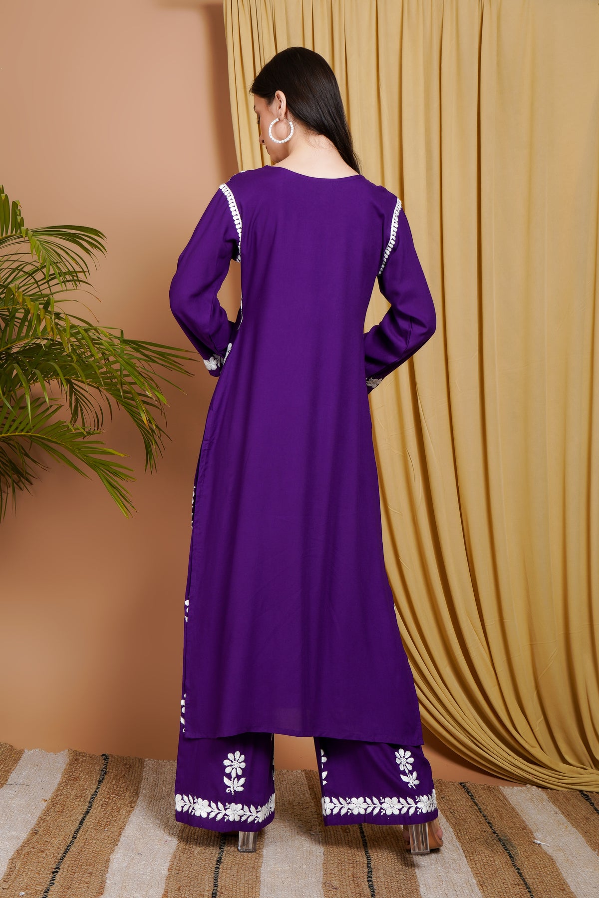 Purple Rayon Embroidered Kurta Set for Women