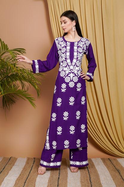 Purple Rayon Embroidered Kurta Set for Women