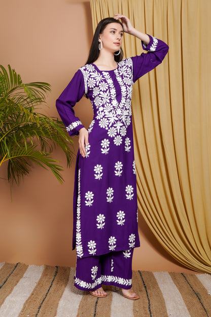 Purple Rayon Embroidered Kurta Set for Women