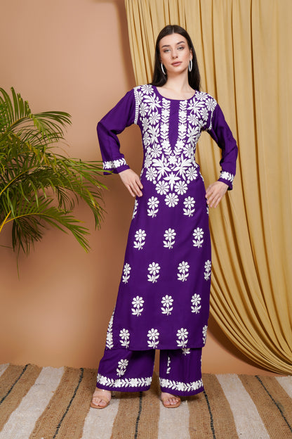 Purple Rayon Embroidered Kurta Set for Women