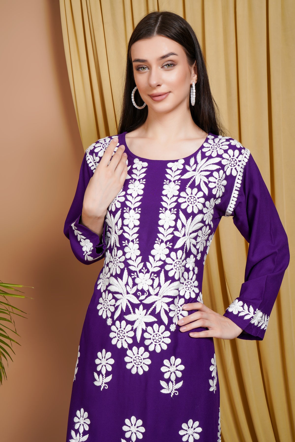Purple Rayon Embroidered Kurta Set for Women