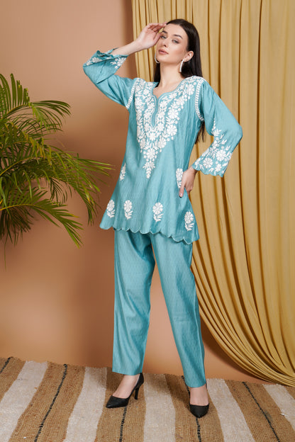 Aqua Blue Rayon Embroidered Short Kurta Set