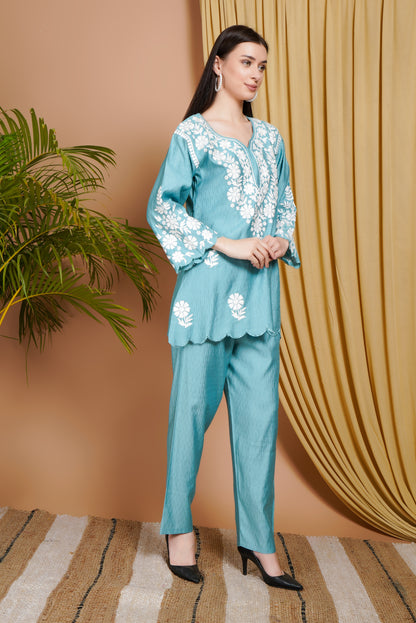 Aqua Blue Rayon Embroidered Short Kurta Set