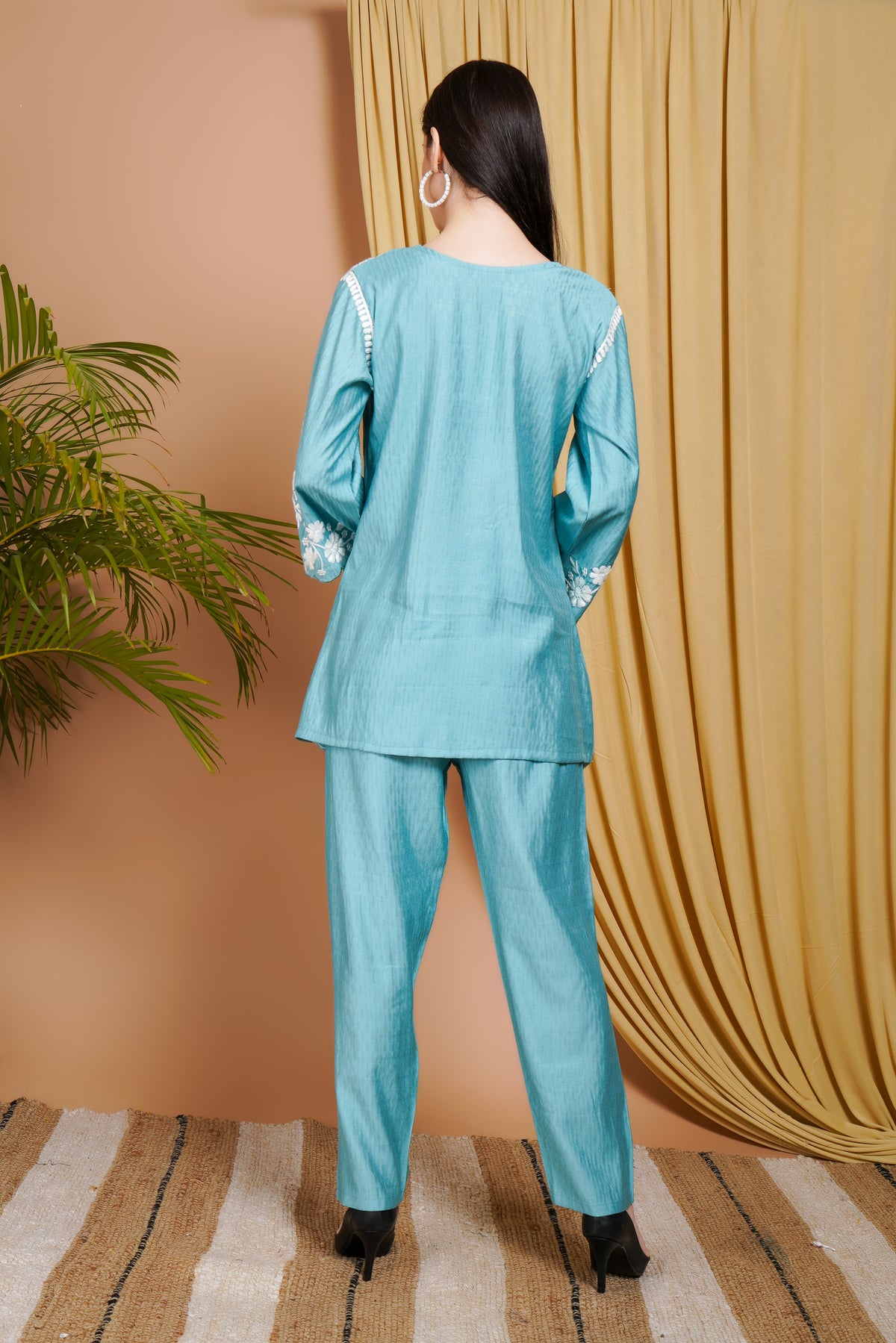 Aqua Blue Rayon Embroidered Short Kurta Set
